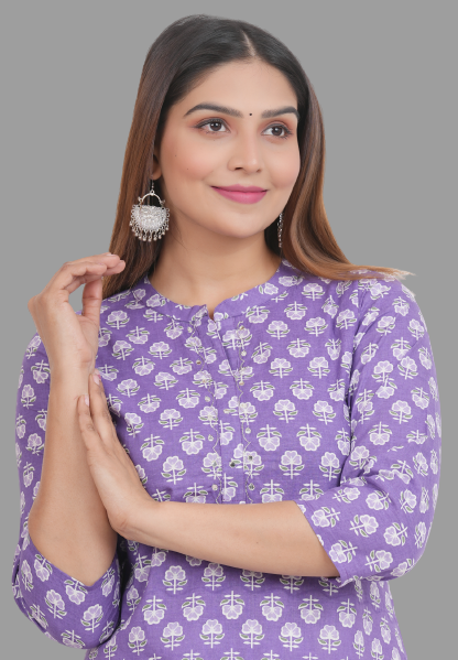 House of RP Women's Purple Cotton Floral Print Straight Kurta