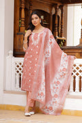 Vaasva Women Pink Linen Kurta Embroidered Kurta Set With Solid Pants & Dupatta