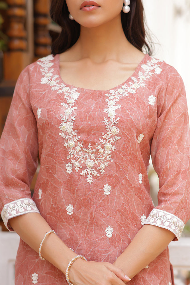 Vaasva Women Pink Linen Kurta Embroidered Kurta Set With Solid Pants & Dupatta