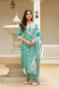 Vaasva Women Green Linen Kurta Embroidered Kurta Set With Solid Pants & Dupatta