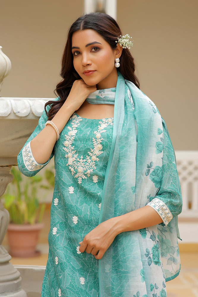 Vaasva Women Green Linen Kurta Embroidered Kurta Set With Solid Pants & Dupatta