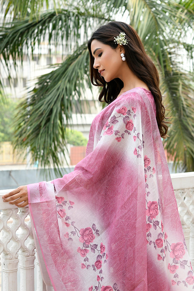 Vaasva Women Mangenta Linen Kurta Embroidered Kurta Set With Solid Pants & Dupatta