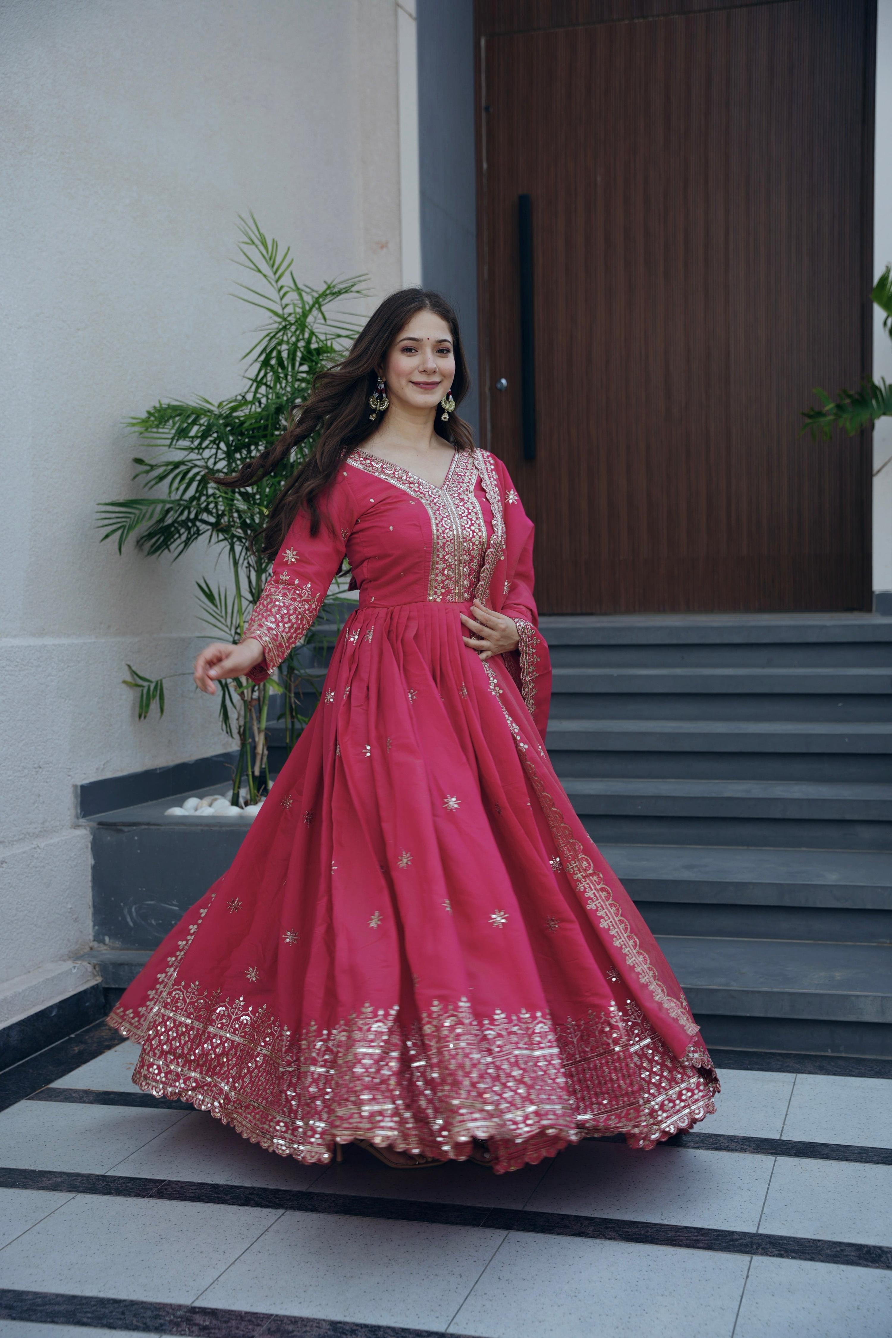 Lorenvalley Fashion Gajari Pink Shimmer Silk Embroidery Sequins Work Anarkali Gown with Dupatta