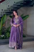 Lorenvalley Fashion Lavender Shimmer Silk Embroidery Sequins Work Anarkali Gown with Dupatta