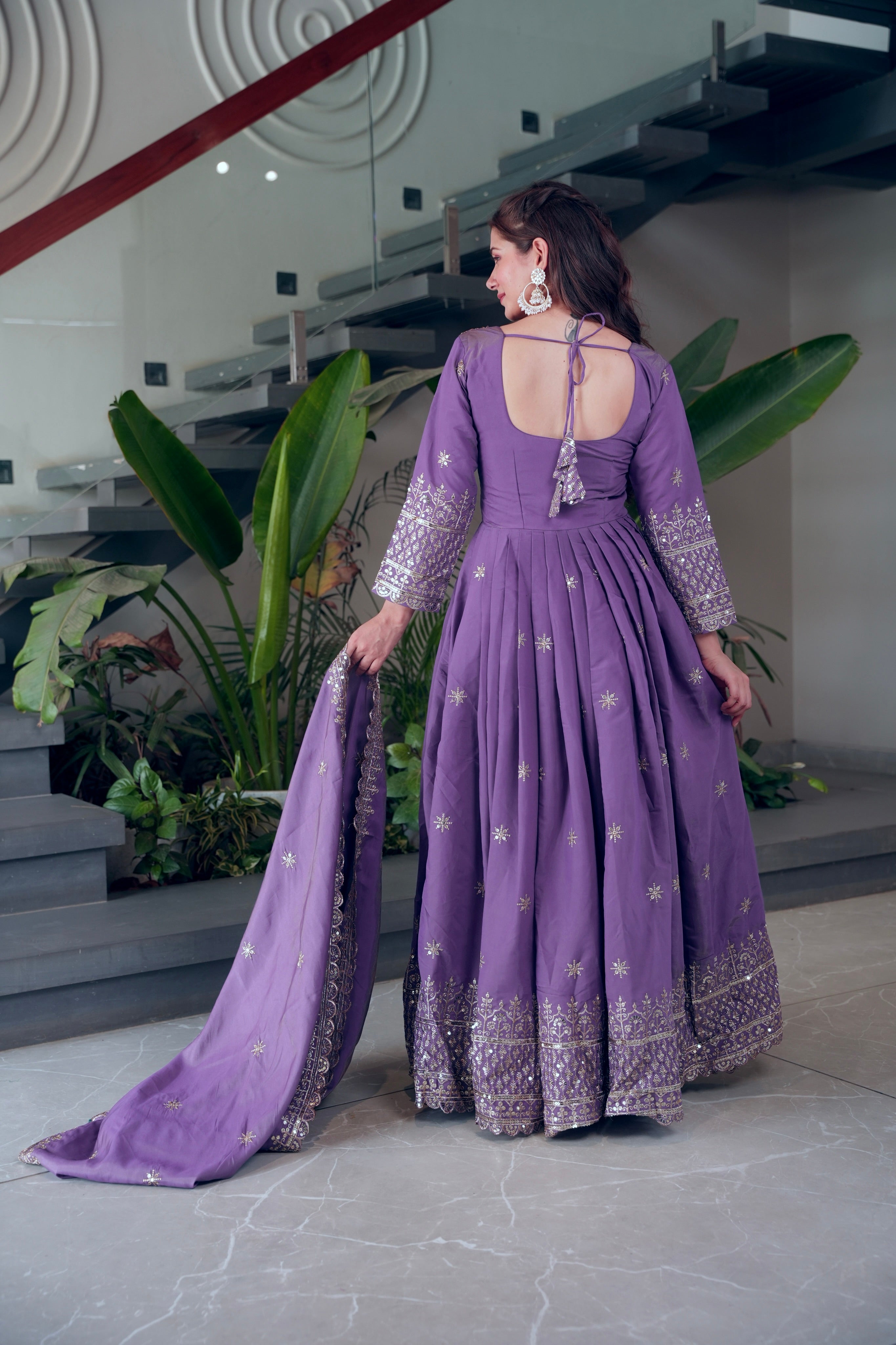 Lorenvalley Fashion Lavender Shimmer Silk Embroidery Sequins Work Anarkali Gown with Dupatta