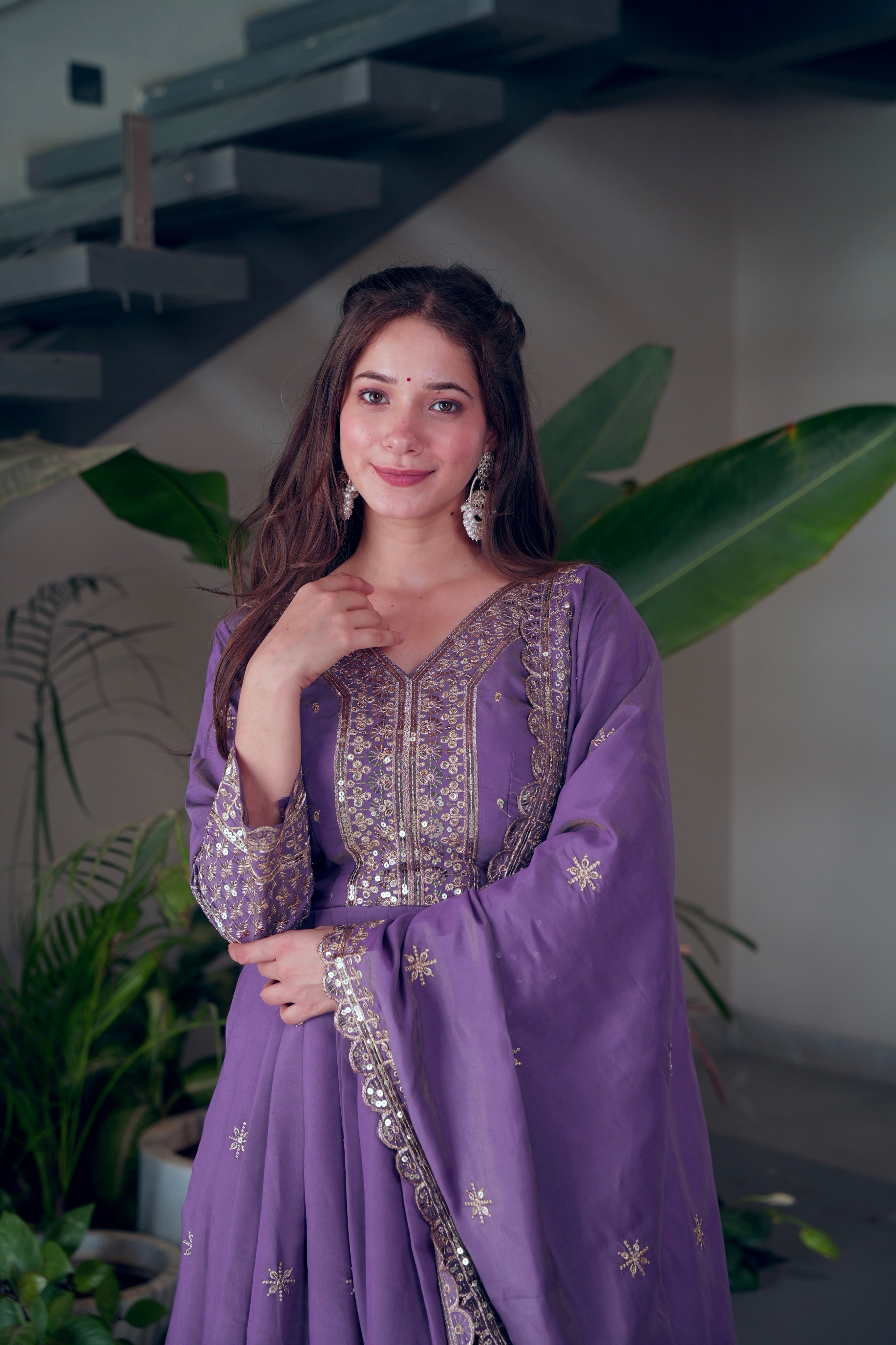 Lorenvalley Fashion Lavender Shimmer Silk Embroidery Sequins Work Anarkali Gown with Dupatta