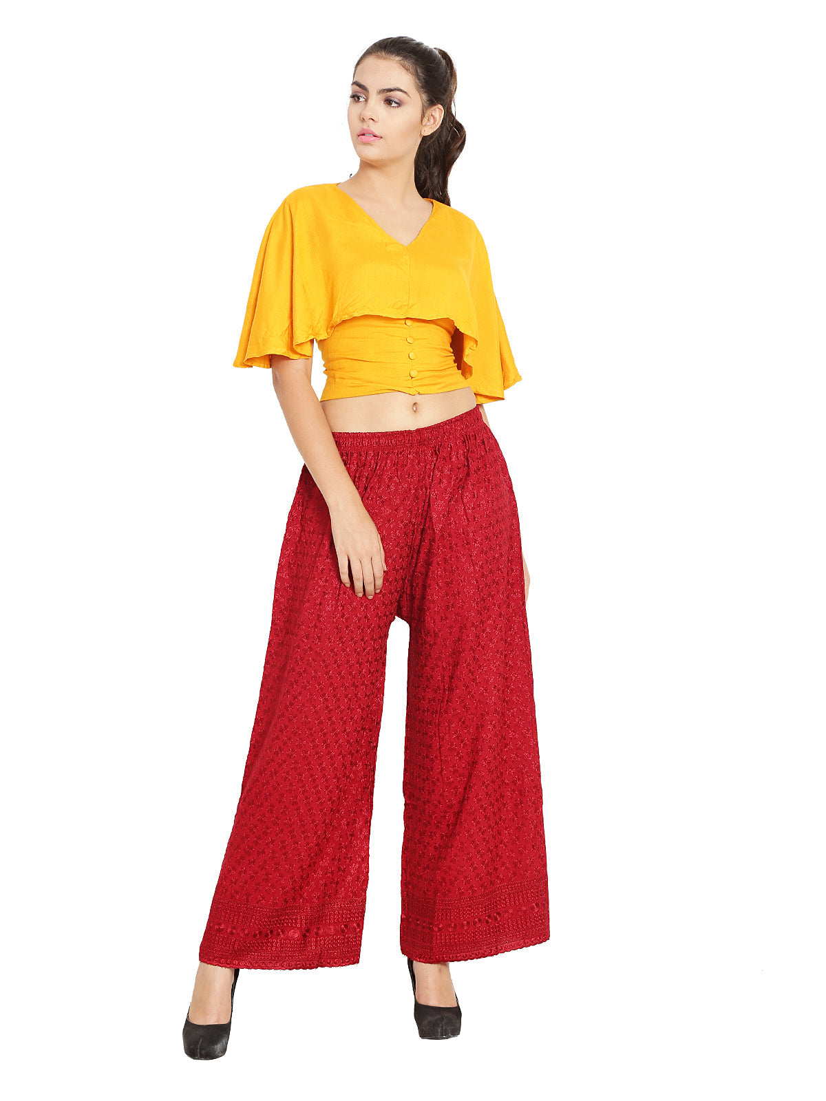 PAVONINE Maroon Color Full Chikankari Rayon Fabric Sharara For Women
