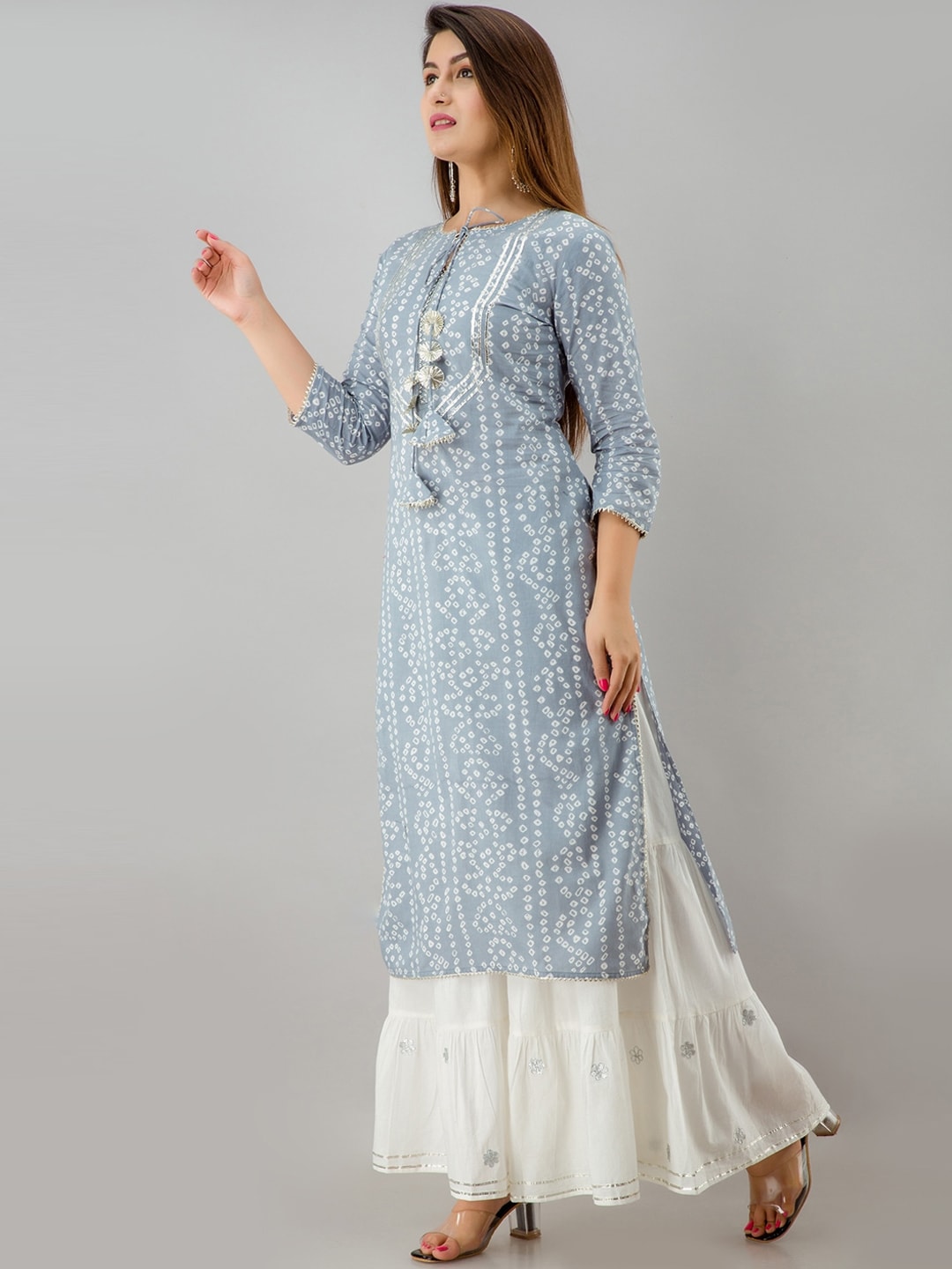 HERE&NOW Grey Bandhani Printed Gotta Patti Kurta with Sharara