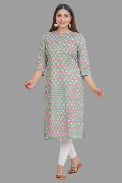 House of RP Women's Green Cotton Floral Print Straight Kurta
