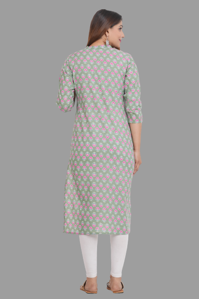 House of RP Women's Green Cotton Floral Print Straight Kurta