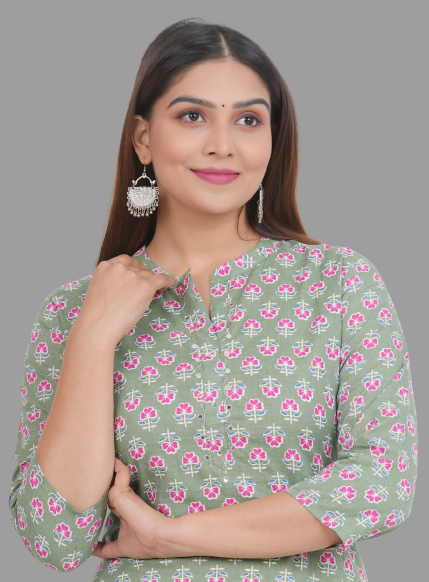 House of RP Women's Green Cotton Floral Print Straight Kurta