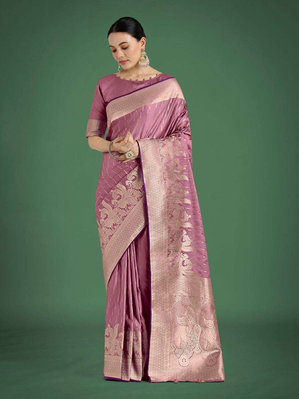 Monjolika Fashion Dusty Rose Pink Weaving Banarasi Satin Silk Trendy Saree For Festival