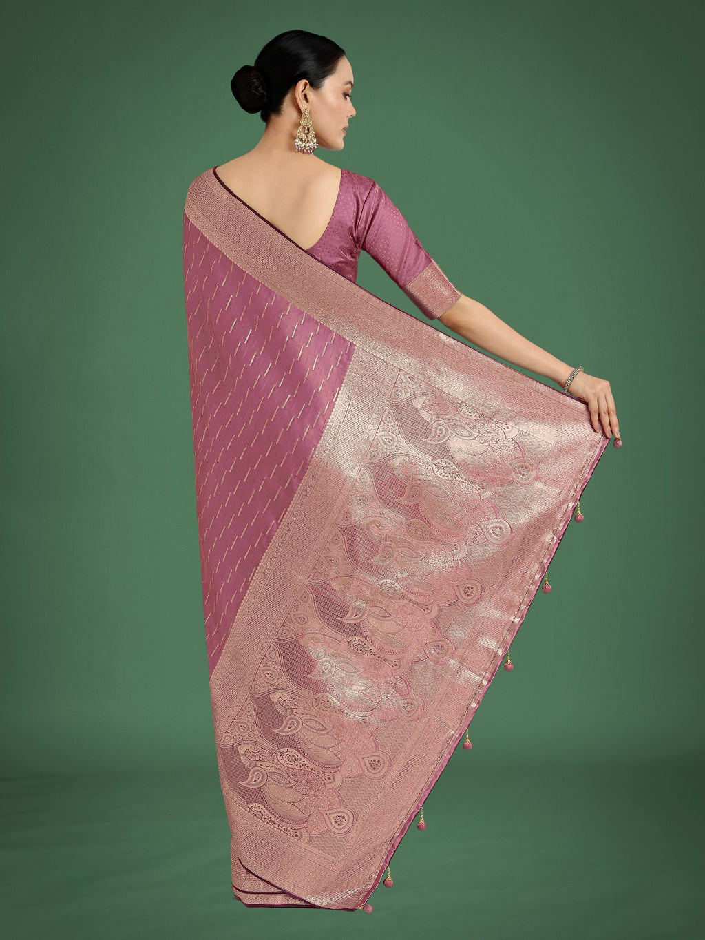 Monjolika Fashion Dusty Rose Pink Weaving Banarasi Satin Silk Trendy Saree For Festival
