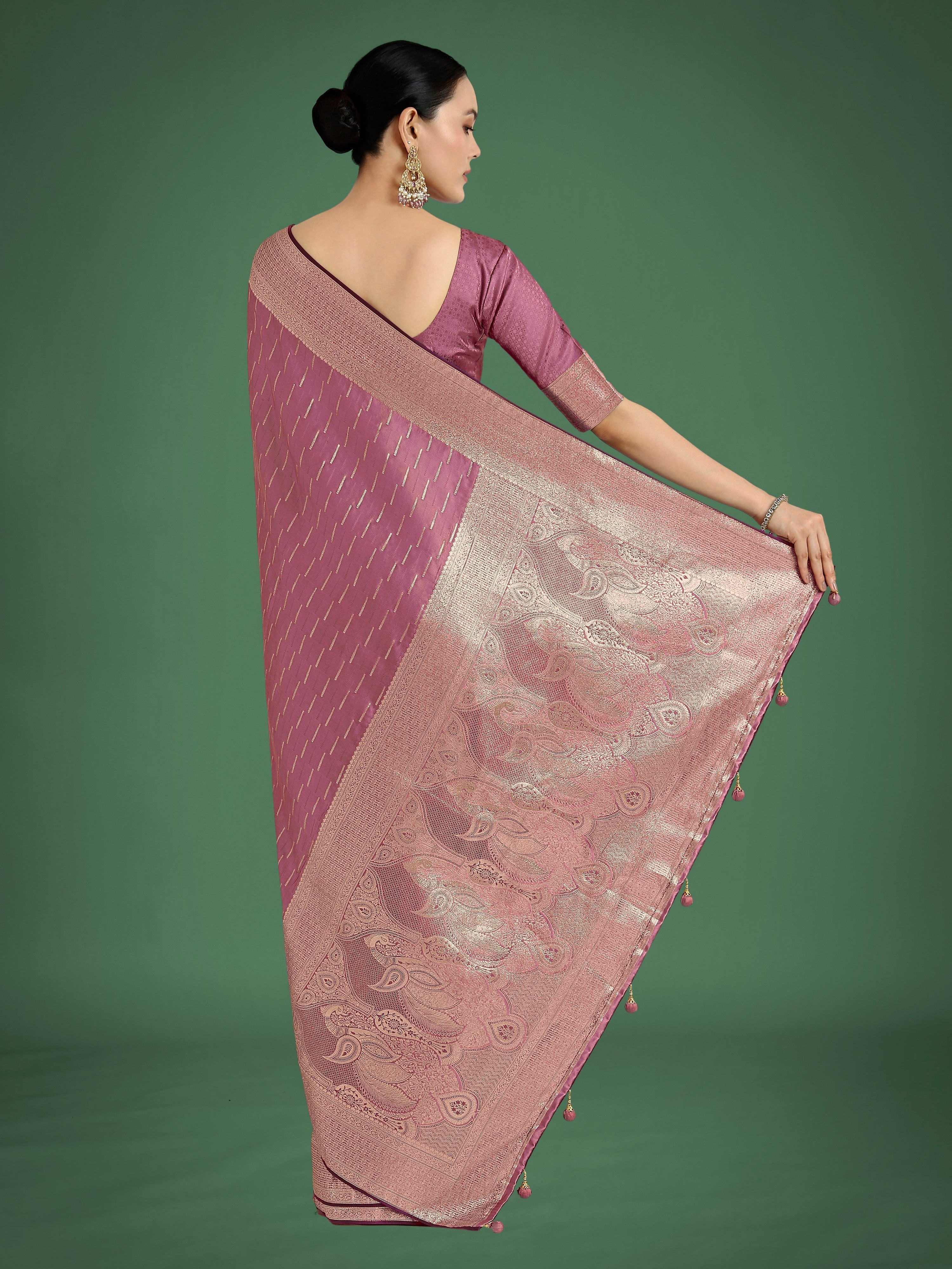 Monjolika Fashion Dusty Rose Pink Weaving Banarasi Satin Silk Trendy Saree For Festival