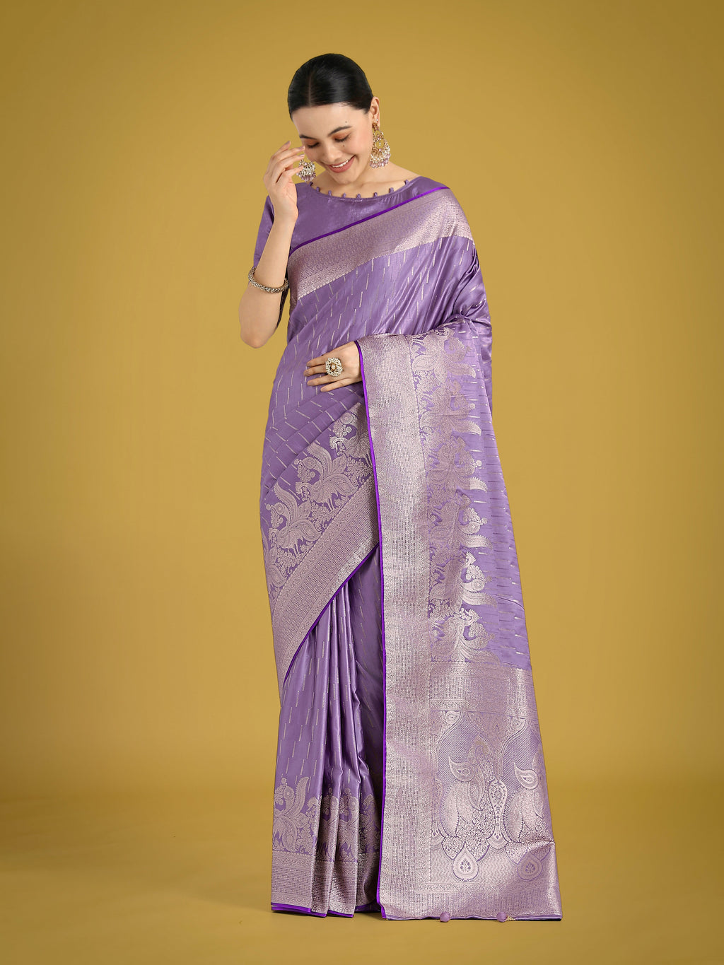Monjolika Fashion Dusty Lavender Weaving Banarasi Satin Silk Trendy Saree For Festival