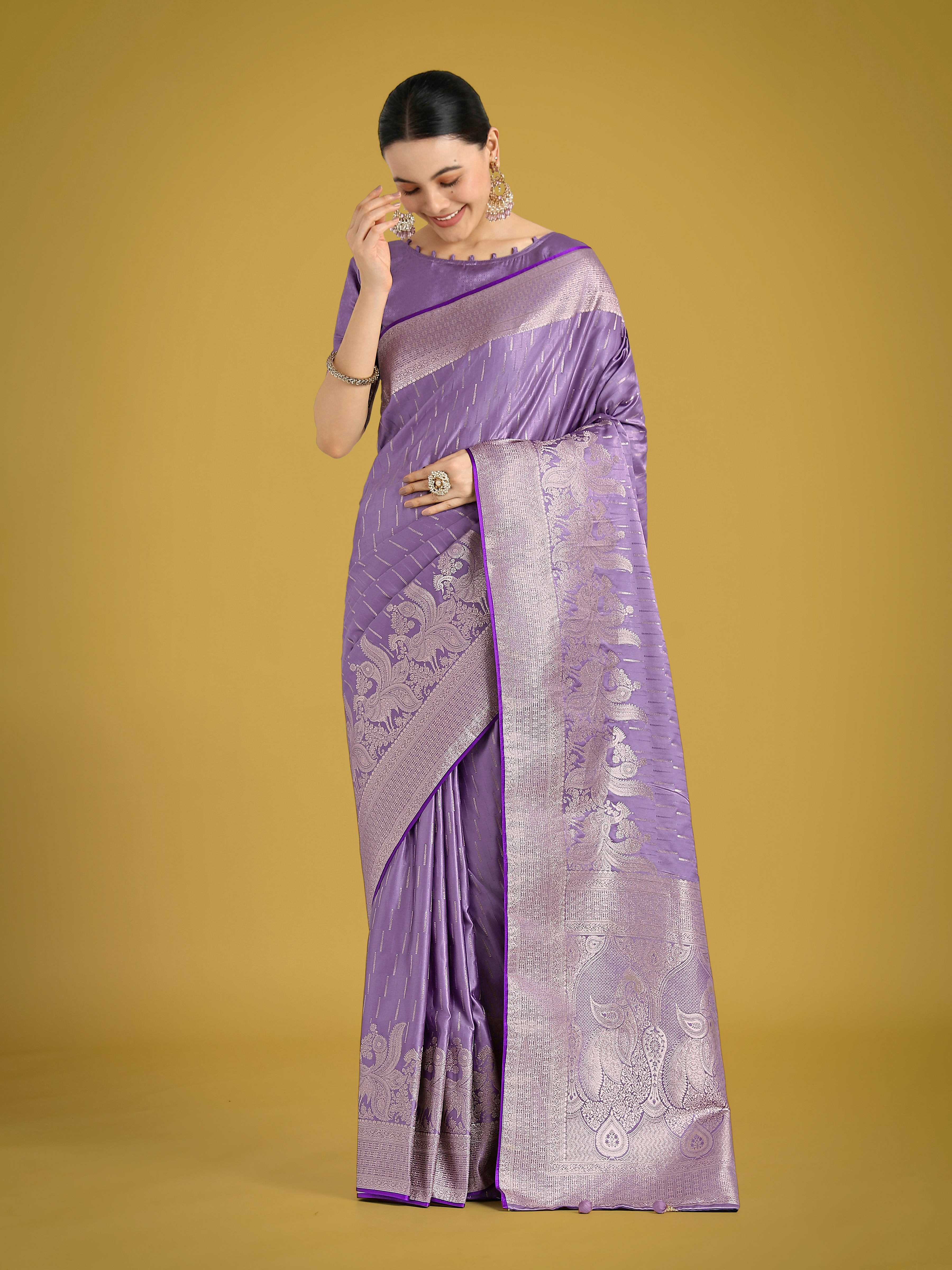 Monjolika Fashion Dusty Lavender Weaving Banarasi Satin Silk Trendy Saree For Festival