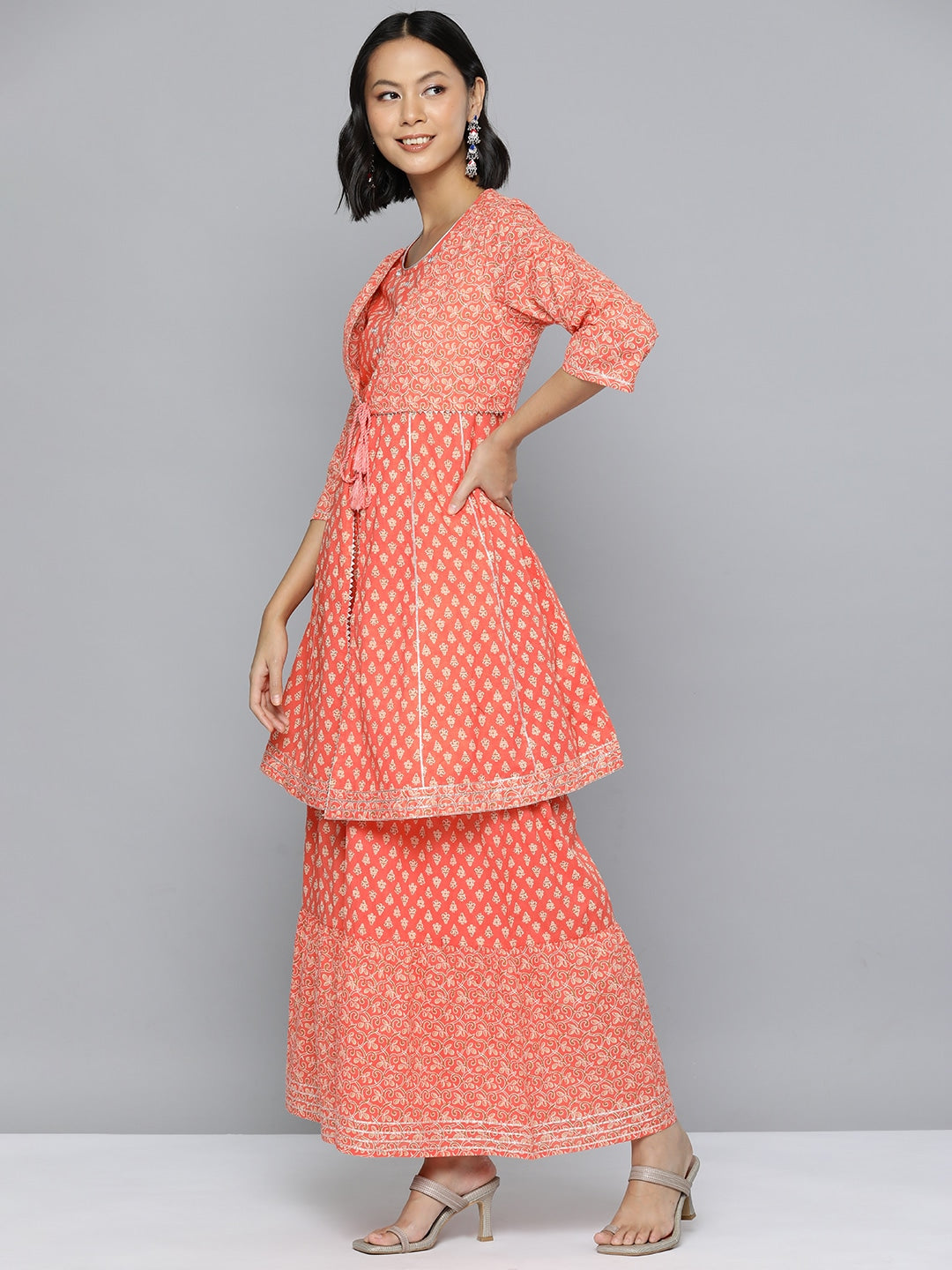 HERE&NOW Ethnic Motifs Print High Slit Cotton Kurta with Sharara