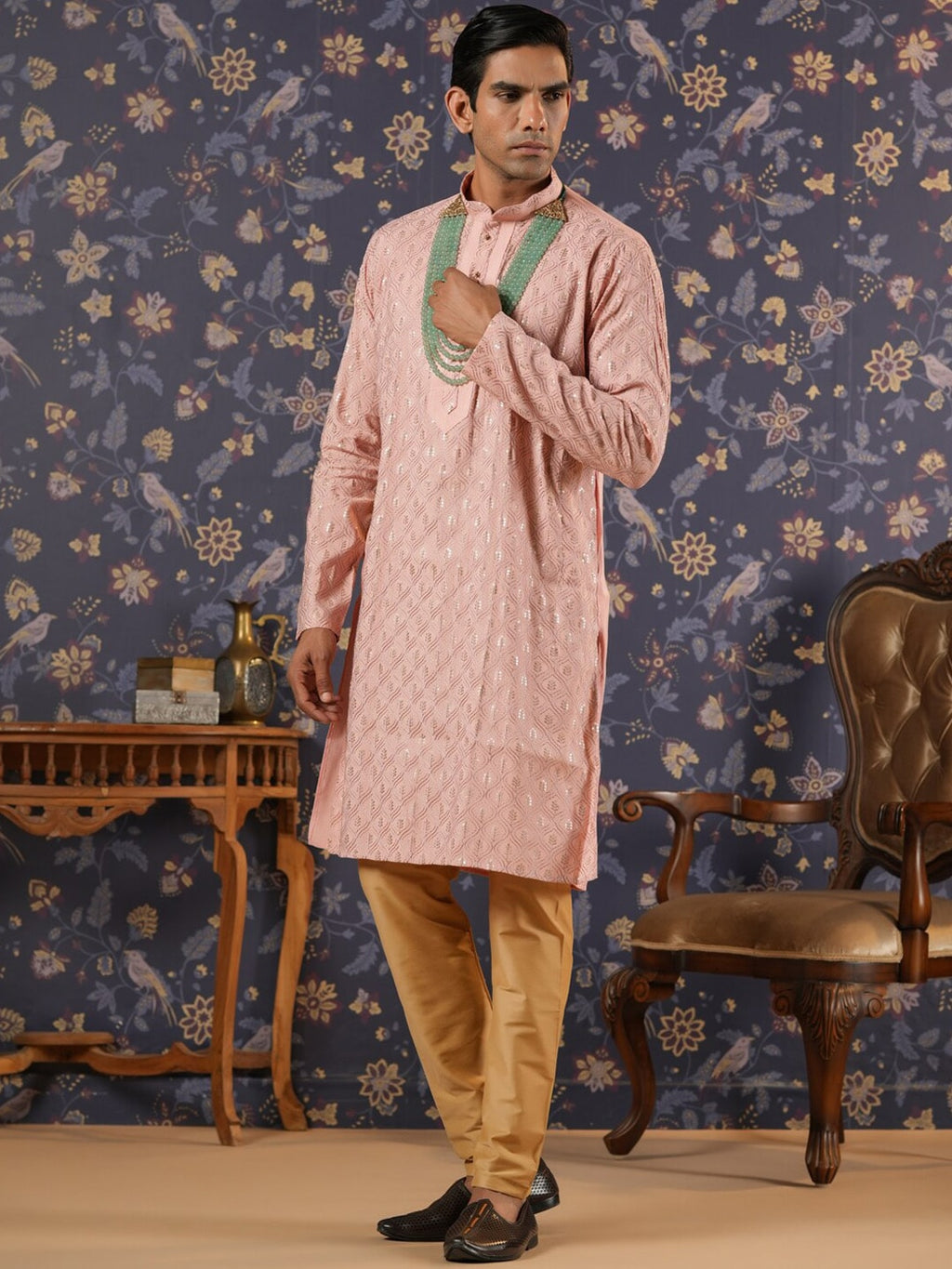 House of Pataudi Ethnic Motifs Embroidered Mandarin Collar Straight Kurta With Churidar
