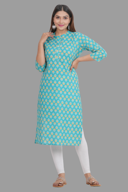 House of RP Women's Turquoise Cotton Floral Print Straight Kurta