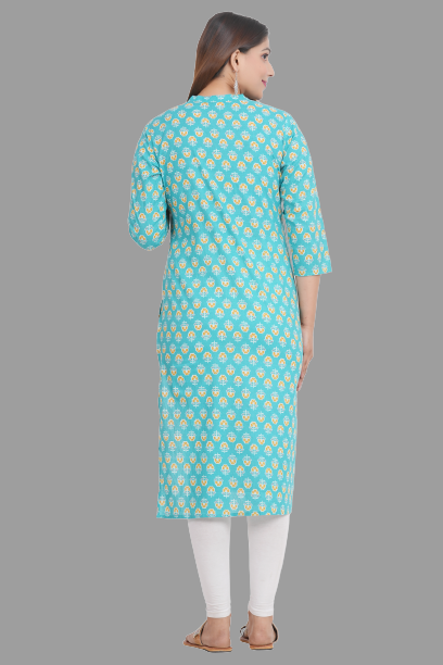 House of RP Women's Turquoise Cotton Floral Print Straight Kurta