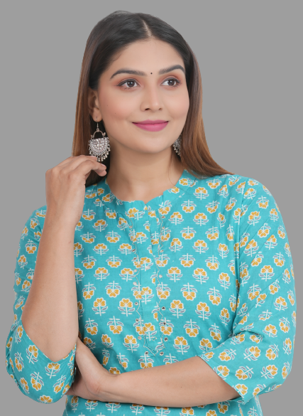 House of RP Women's Turquoise Cotton Floral Print Straight Kurta