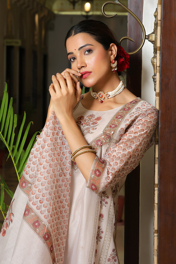 Vaasva Women Grey Chanderi Block Printed Embroidered Kurta Set With Solid Pants & Dupatta
