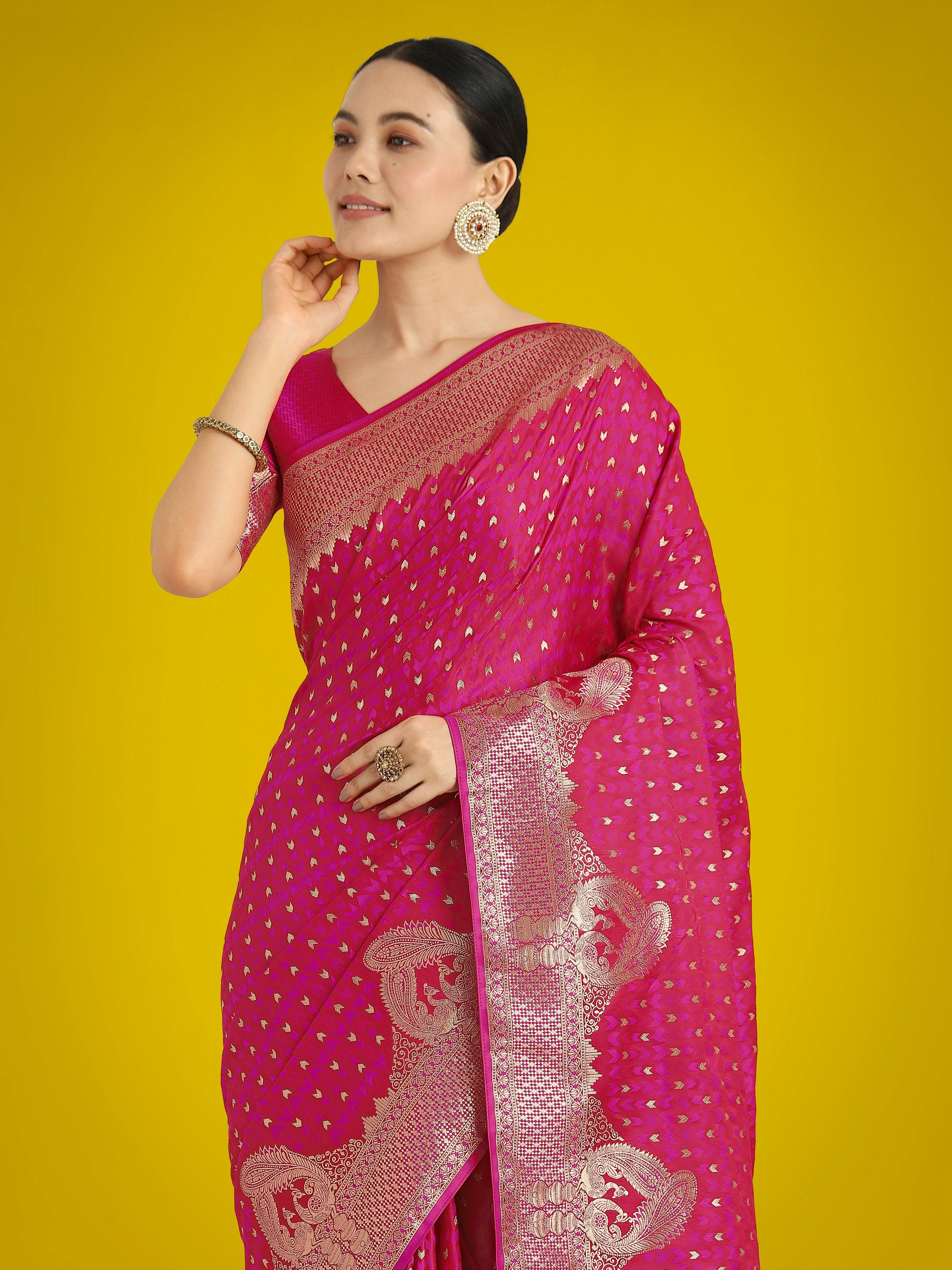 Monjolika Fashion Gorgeous Rani Pink Woven Banarasi Satin Designer Silk Saree