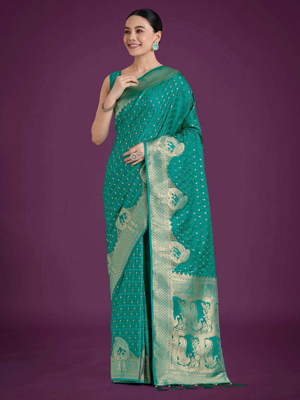 Monjolika Fashion Gorgeous Turquoise Woven Banarasi Satin Designer Silk Saree