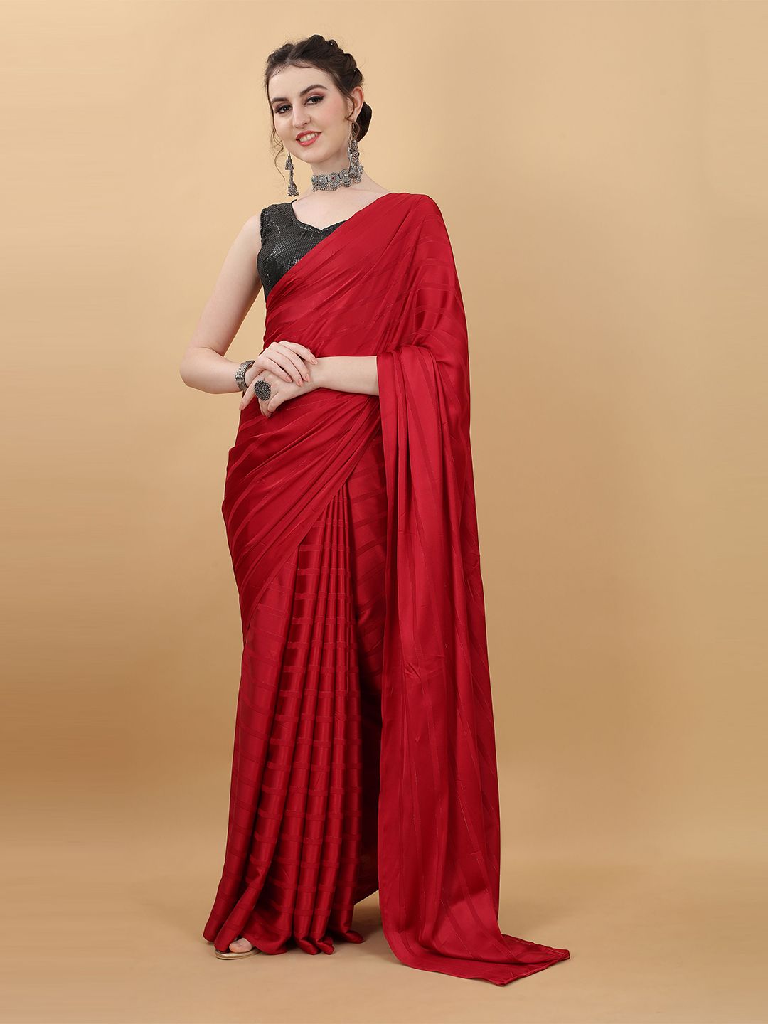 kasee Red & Black Striped Poly Georgette Saree