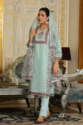 Vaasva Women Teal Chanderi Block Printed Embroidered Kurta Set With Solid Pants & Dupatta
