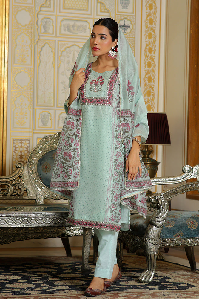 Vaasva Women Teal Chanderi Block Printed Embroidered Kurta Set With Solid Pants & Dupatta