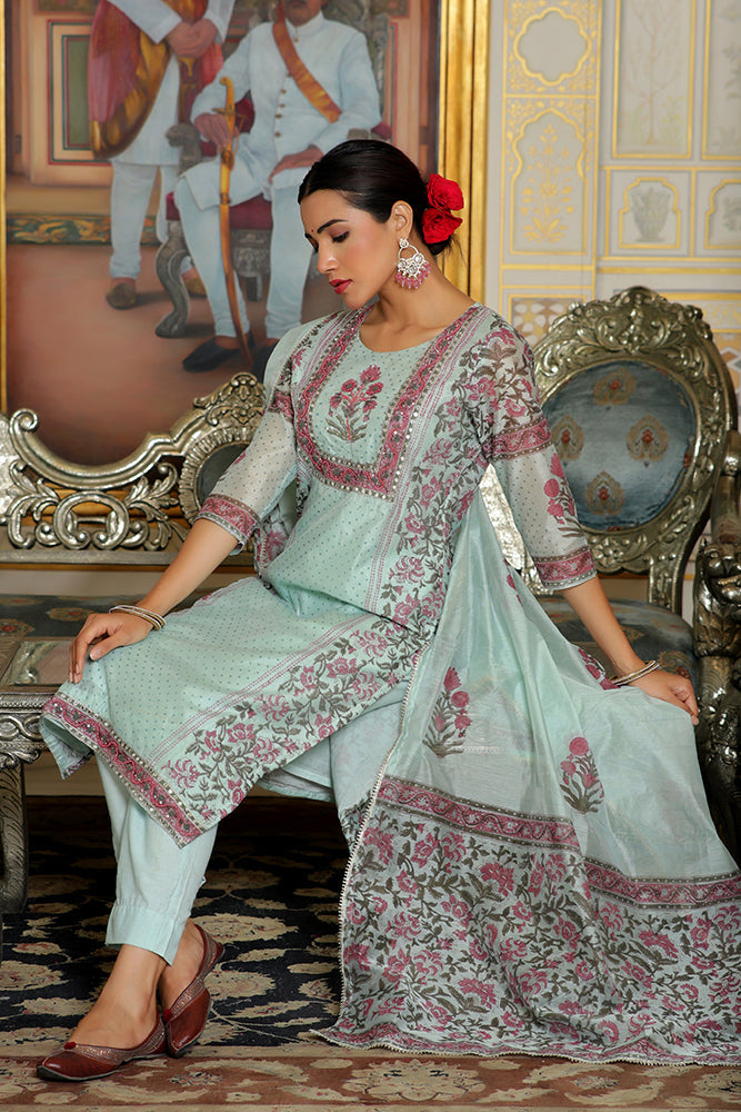 Vaasva Women Teal Chanderi Block Printed Embroidered Kurta Set With Solid Pants & Dupatta