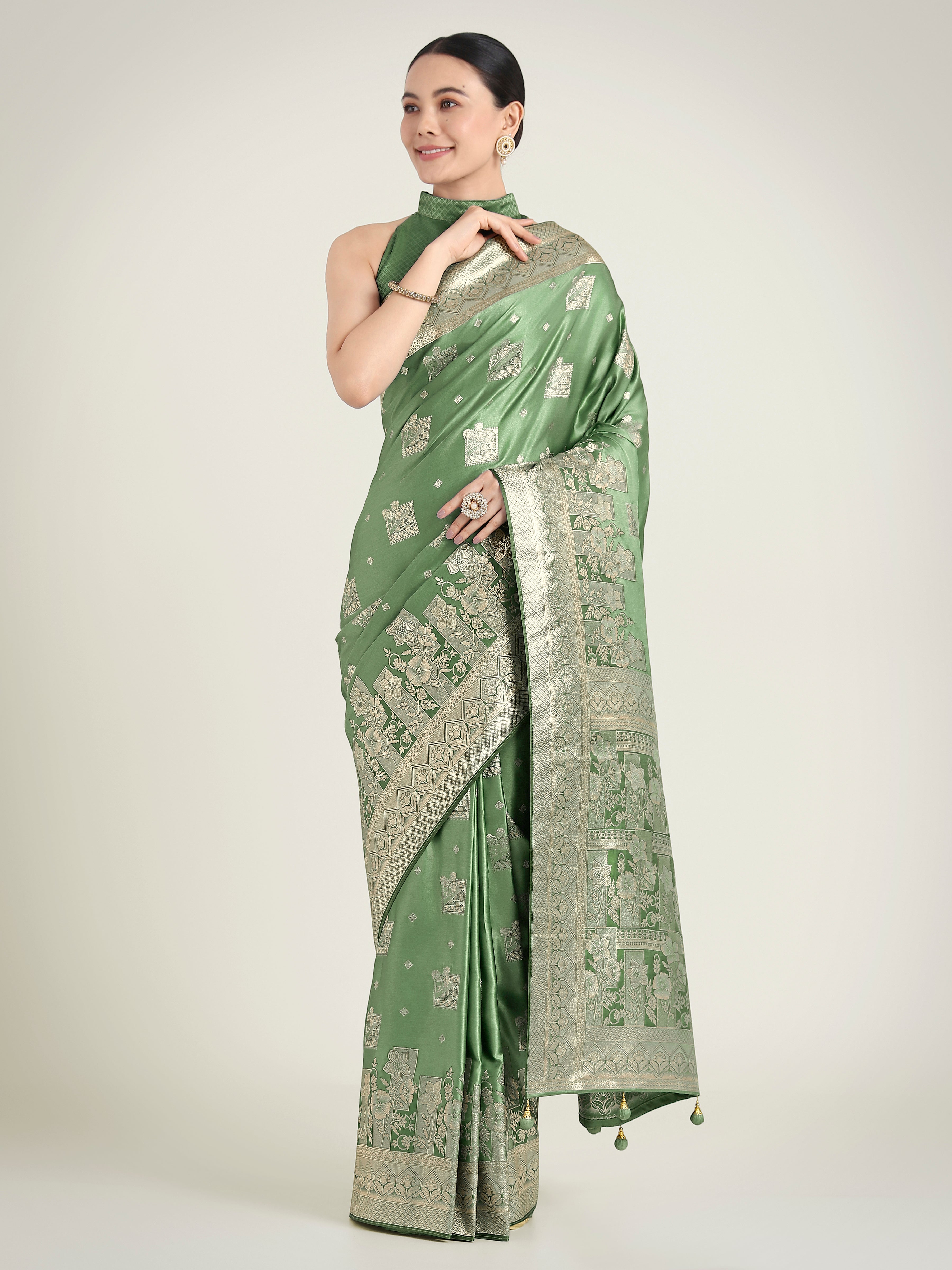 Monjolika Fashion Green Color Banarasi Satin Silk Zari Weaving Festival Saree
