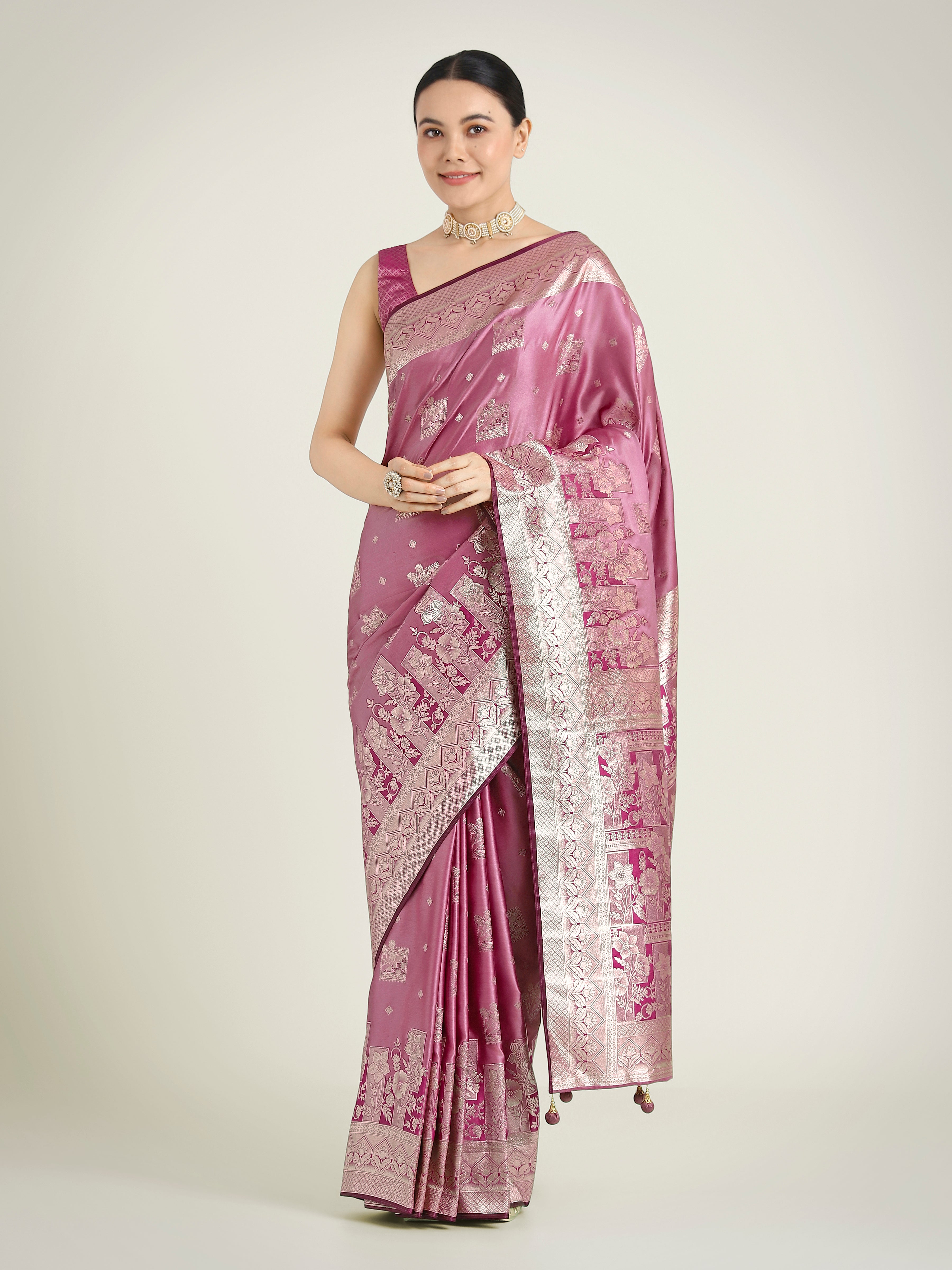Monjolika Fashion Rose Pink Color Banarasi Satin Silk Zari Weaving Festival Saree