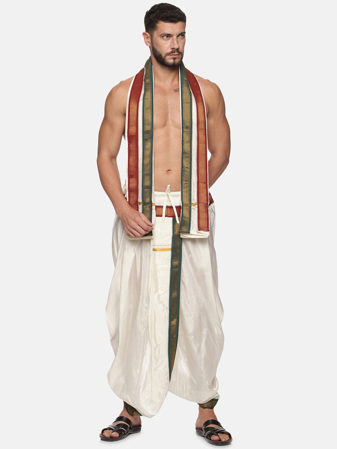 Sethukrishna Men Cream Solid Readymade Dhoti Pants With Angavastram