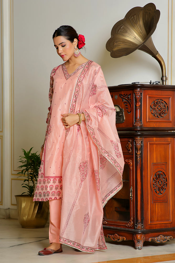 Vaasva Women Orange Chanderi Block Printed Embroidered Kurta Set With Solid Pants & Dupatta