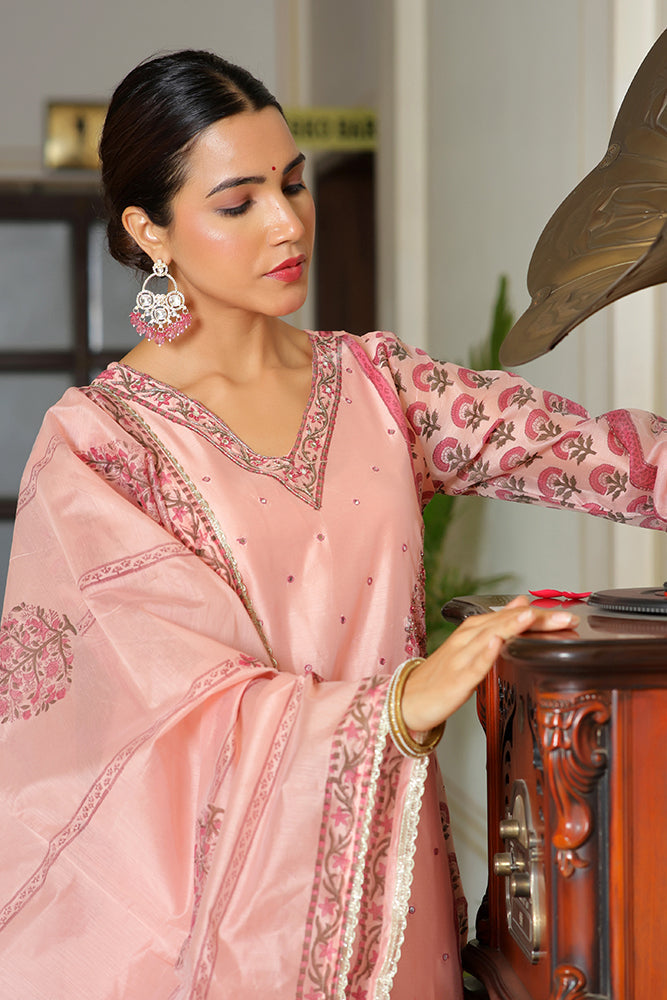 Vaasva Women Orange Chanderi Block Printed Embroidered Kurta Set With Solid Pants & Dupatta