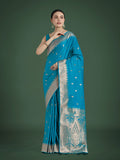 Monjolika Fashion Divine Cyan blue Soft Banarasi Satin Silk Saree With Blouse Piece