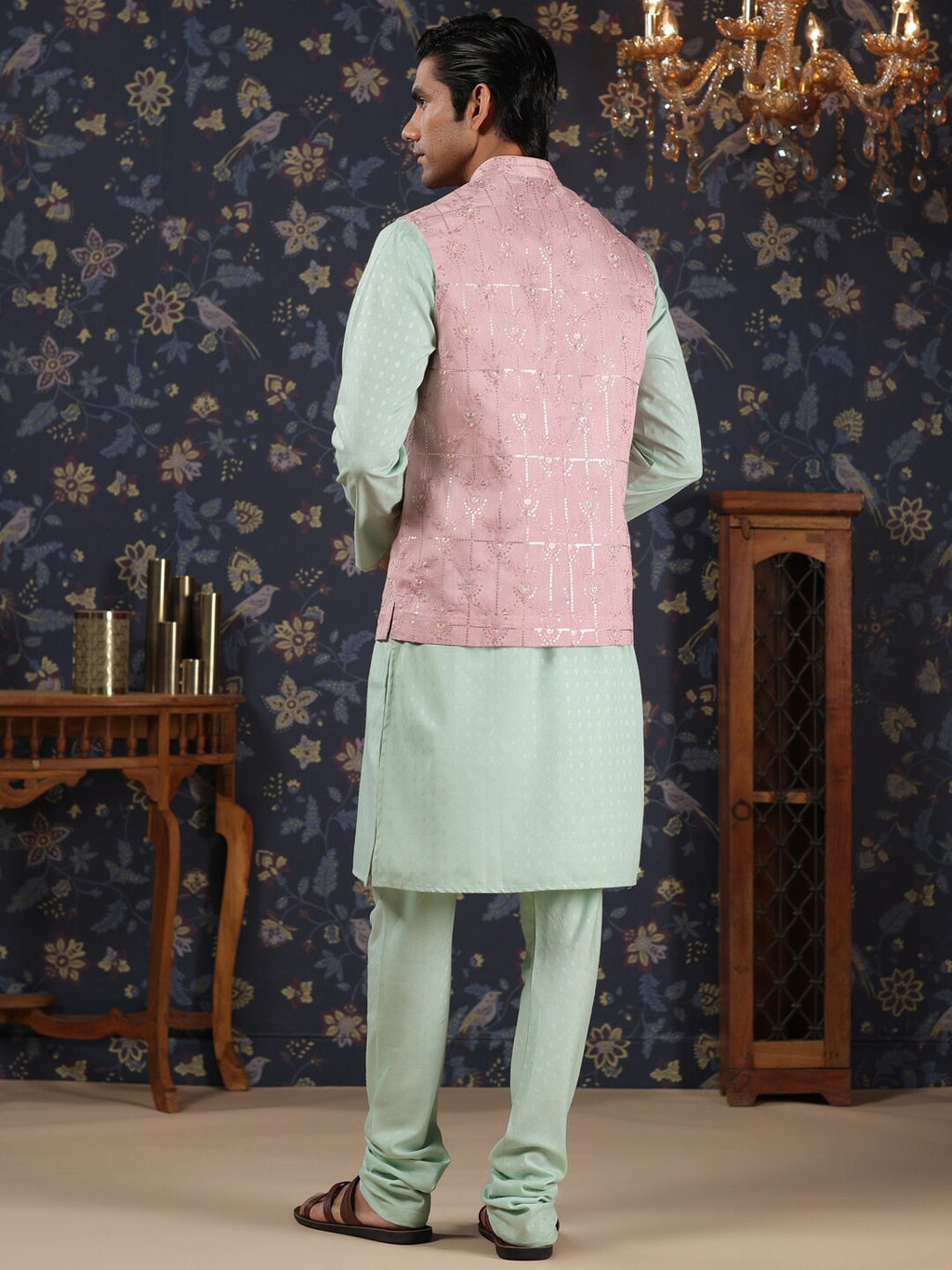 House of Pataudi Mandarin Collar Straight Kurta With Churidar & Embroidered Nehru Jacket