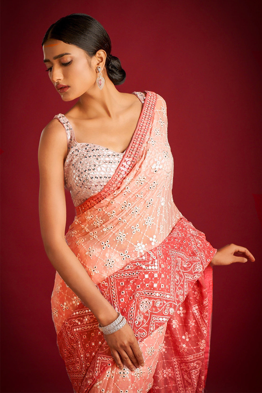 Teeya Creation Orange Color Georgette Embroidery Work Saree