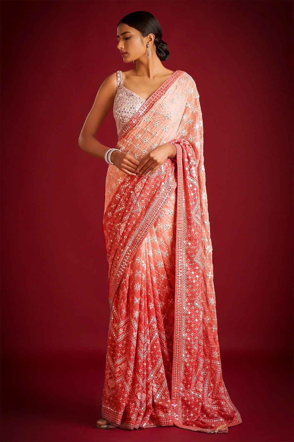 Teeya Creation Orange Color Georgette Embroidery Work Saree