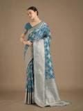 Monjolika Fashion Cyan blue Banarasi Satin Silk Saree with Rich Zari Woven Pallu & Blouse Piece