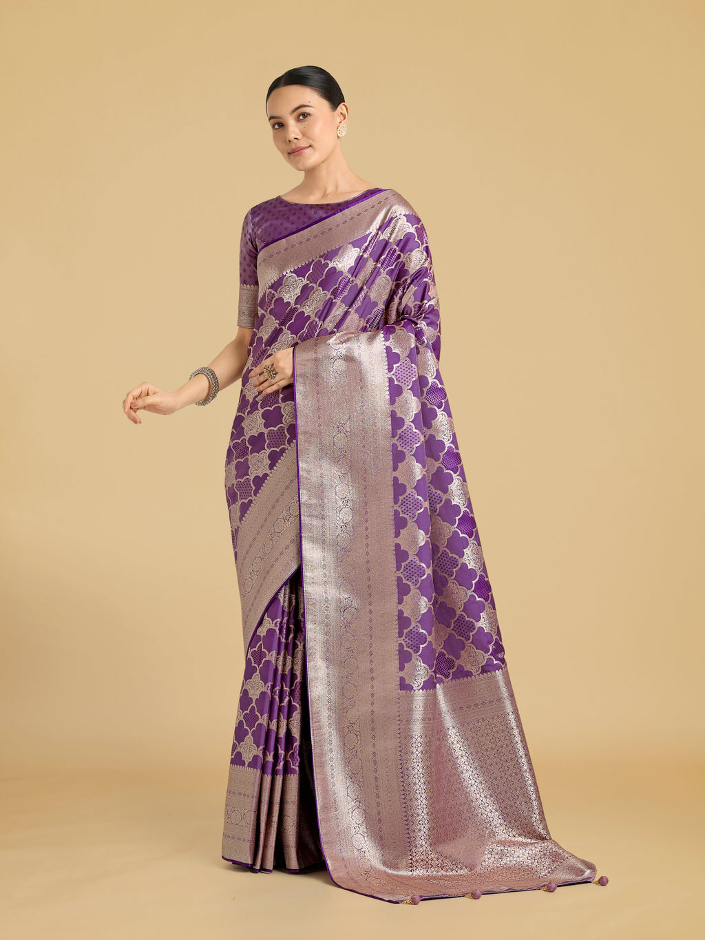 Monjolika Fashion Purple Banarasi Satin Silk Saree with Rich Zari Woven Pallu & Blouse Piece