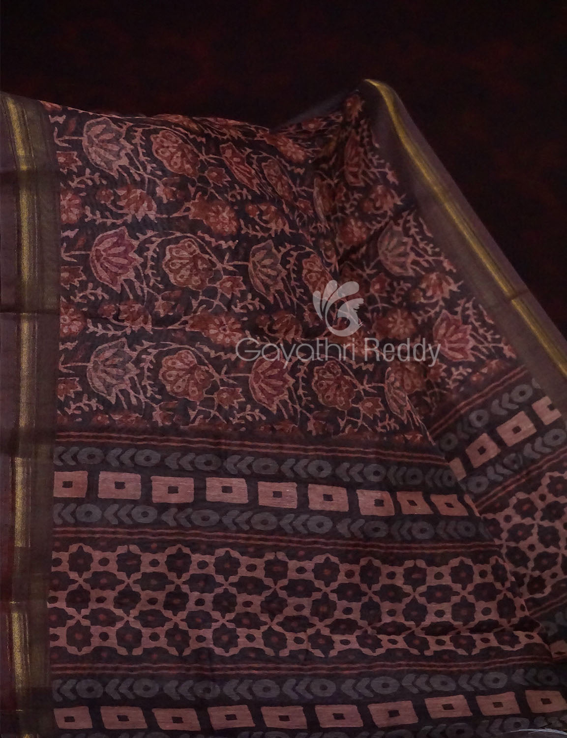 Mic of Coffee Brown and Maroon Floral Design Semi Chanderi Saree By Gayathri Reddy Designer Studio