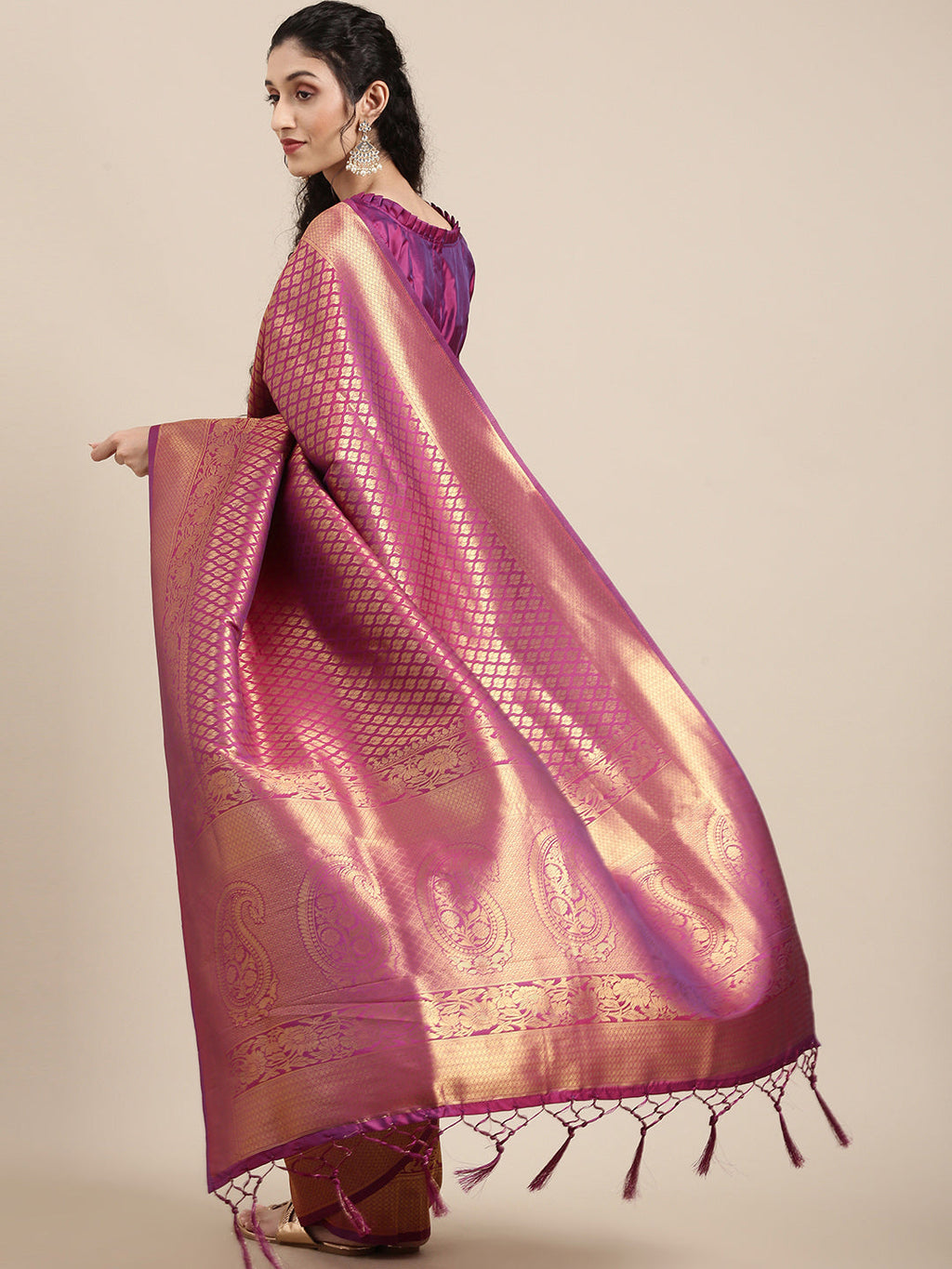 Saree Mall Magenta Ethnic Motifs Zari Silk Blend Banarasi Saree For Women