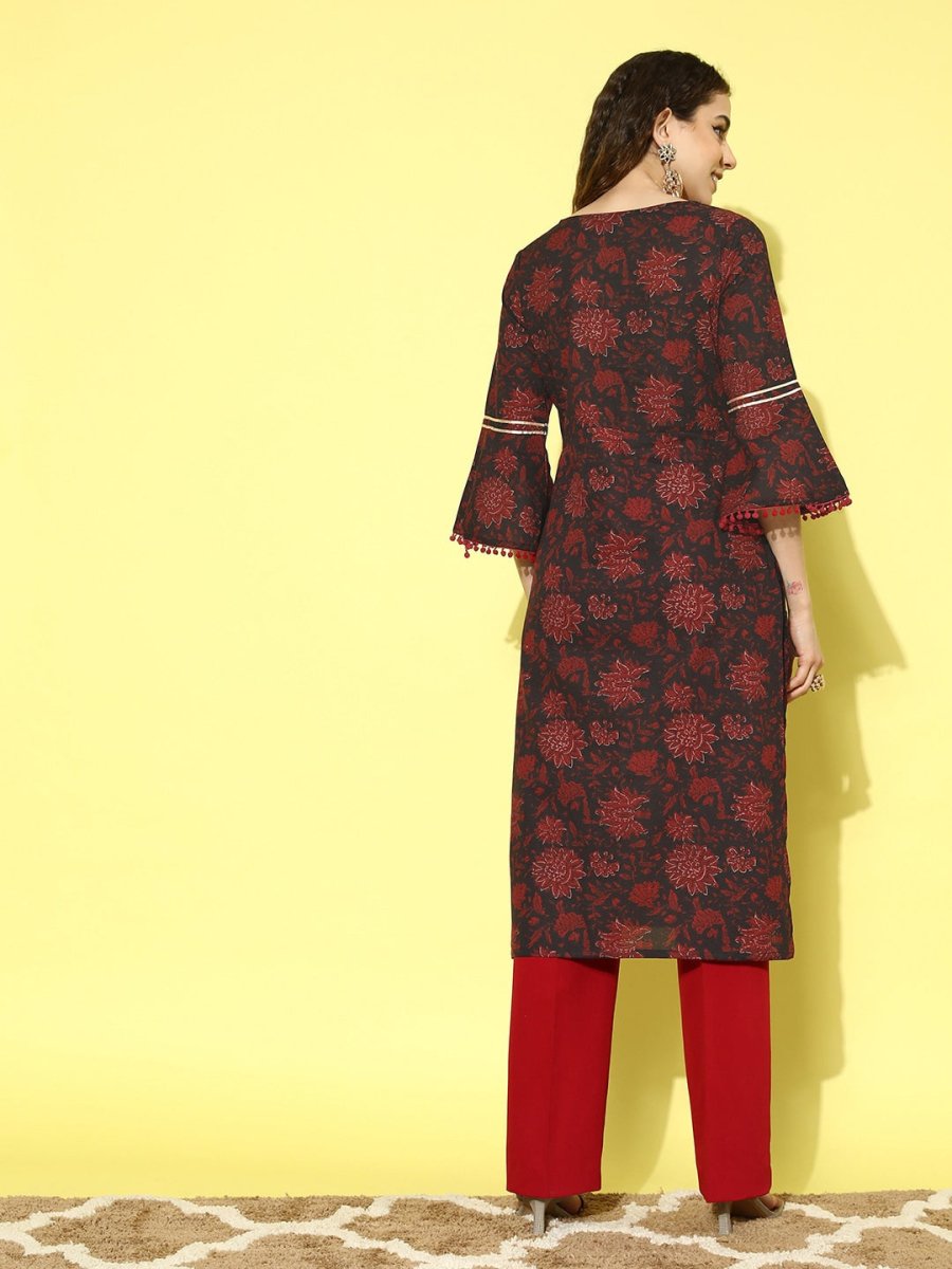 All About You Navy Blue Floral Printed Bell Sleeves Gotta Patti Pure Cotton Kurta