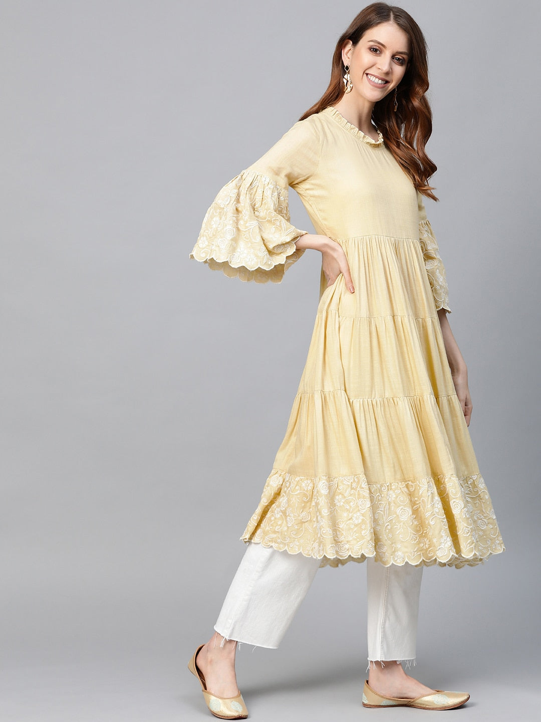 HERE&NOW Women Yellow Solid Tiered Anarkali Kurta