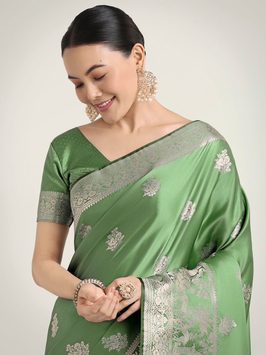 Monjolika Fashion Light Green Zari Weaving Work Banarasi Satin Silk Traditional Saree