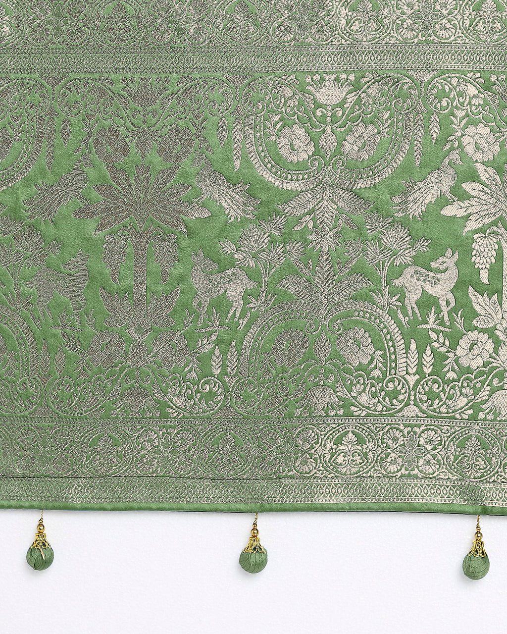 Monjolika Fashion Light Green Zari Weaving Work Banarasi Satin Silk Traditional Saree