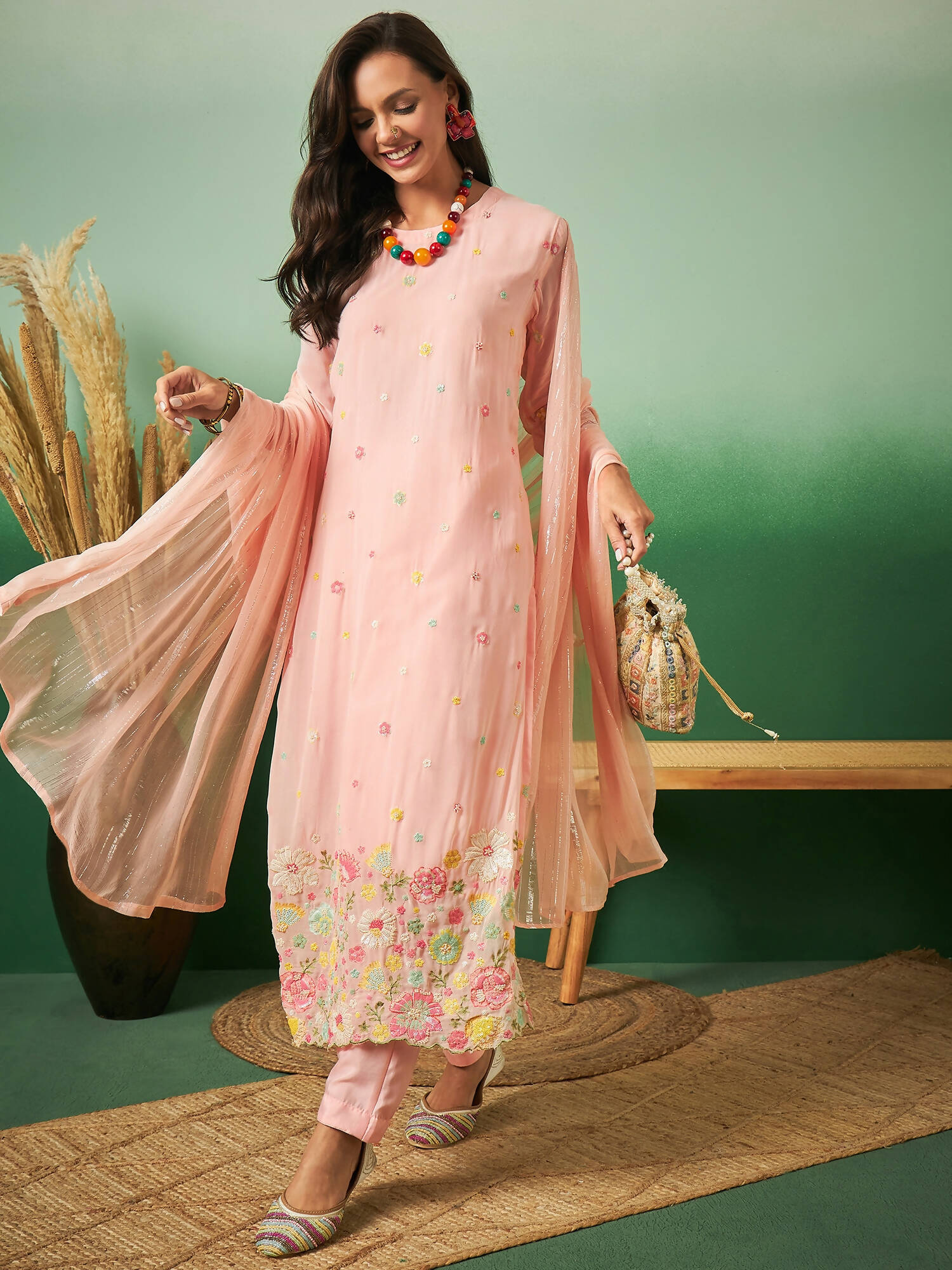 Peach Georgette Handwork Unstitched Dress Material - Hanika